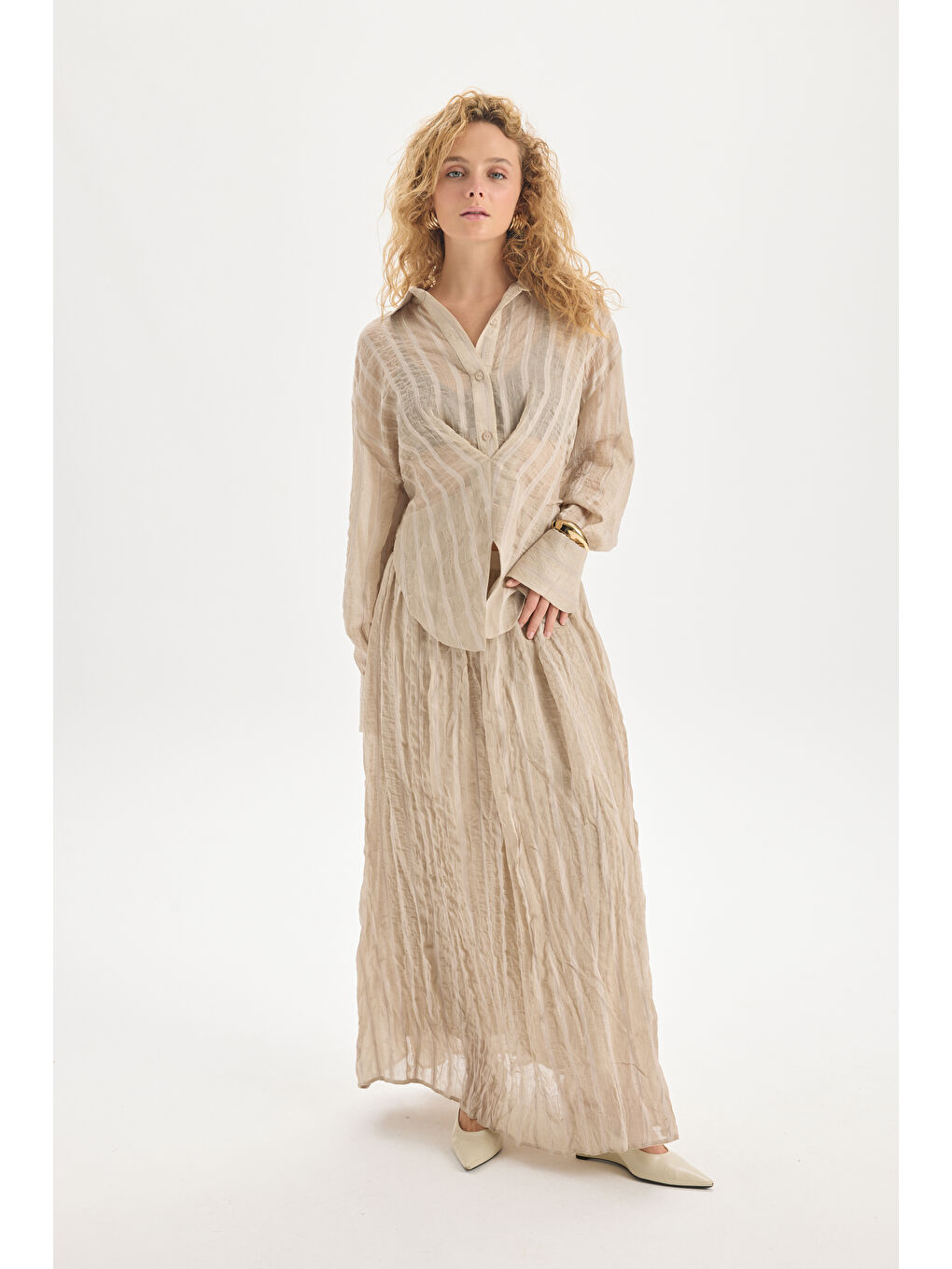 Vesper Üçgen Kesim Bağlamalı Bej Gömlek-2