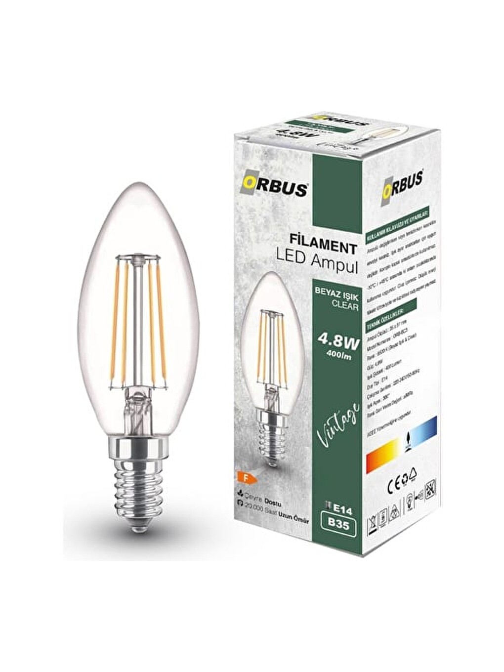 C37 4.8W Filament Bulb E14 400Lm Ampul - Beyaz Işık