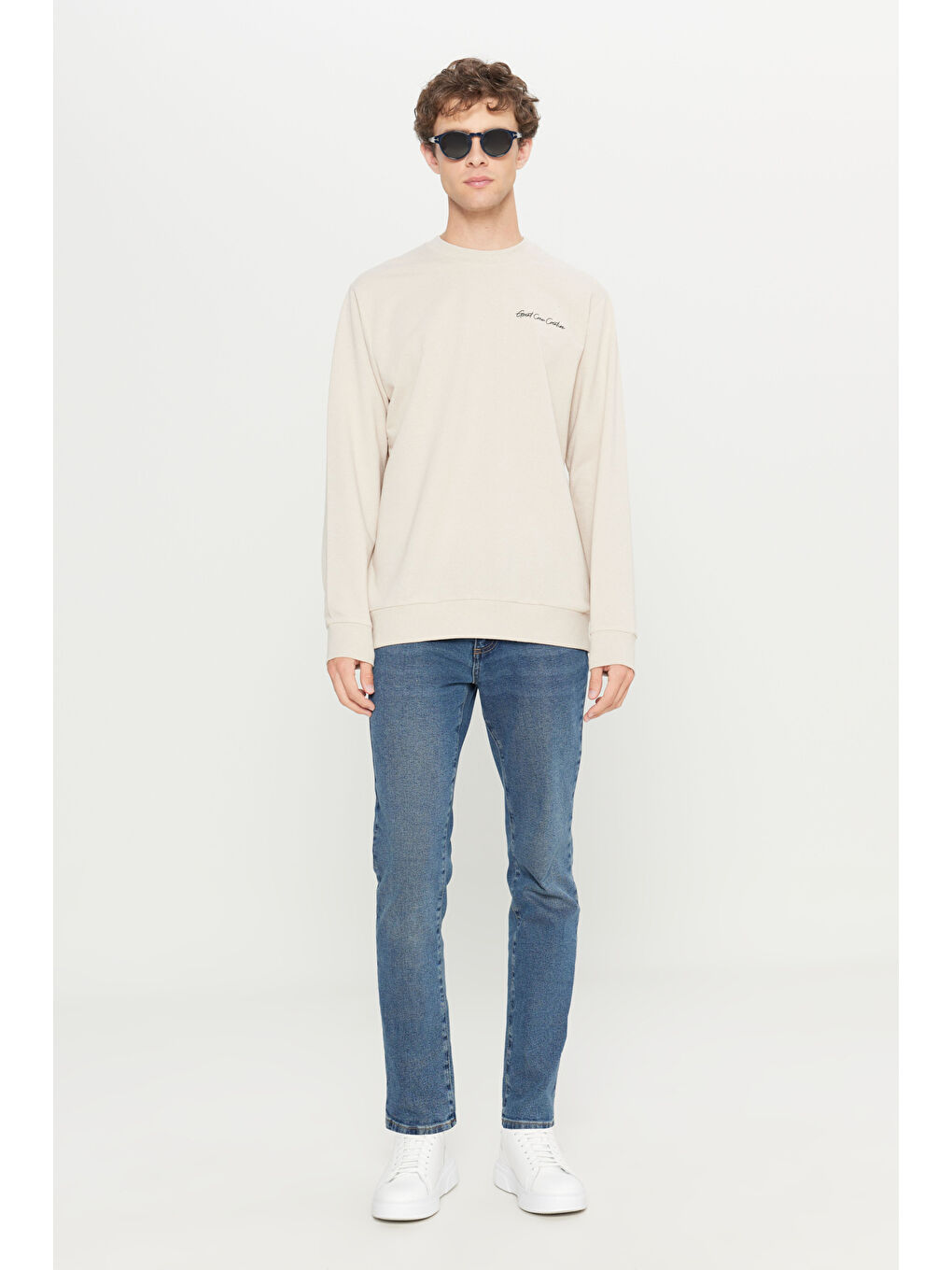 Erkek Bej 2 İplik Pamuklu Standart Fit Normal Kesim Rahat Bisiklet Yaka Sweatshirt-2