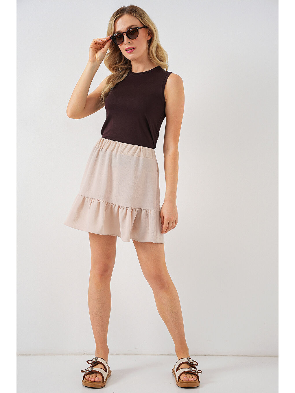 Ekru Kadın Ayrobin Mini Etek 8054 - Krem-1