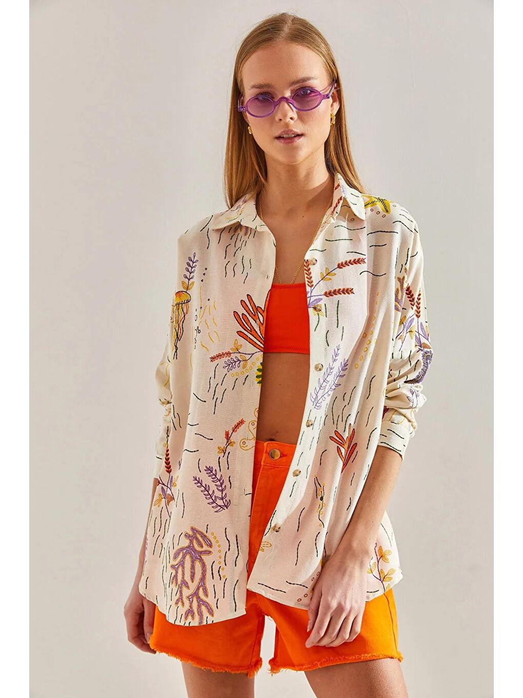 Bej Kadın Multi Desenli Salaş Keten Gömlek 60101023-2