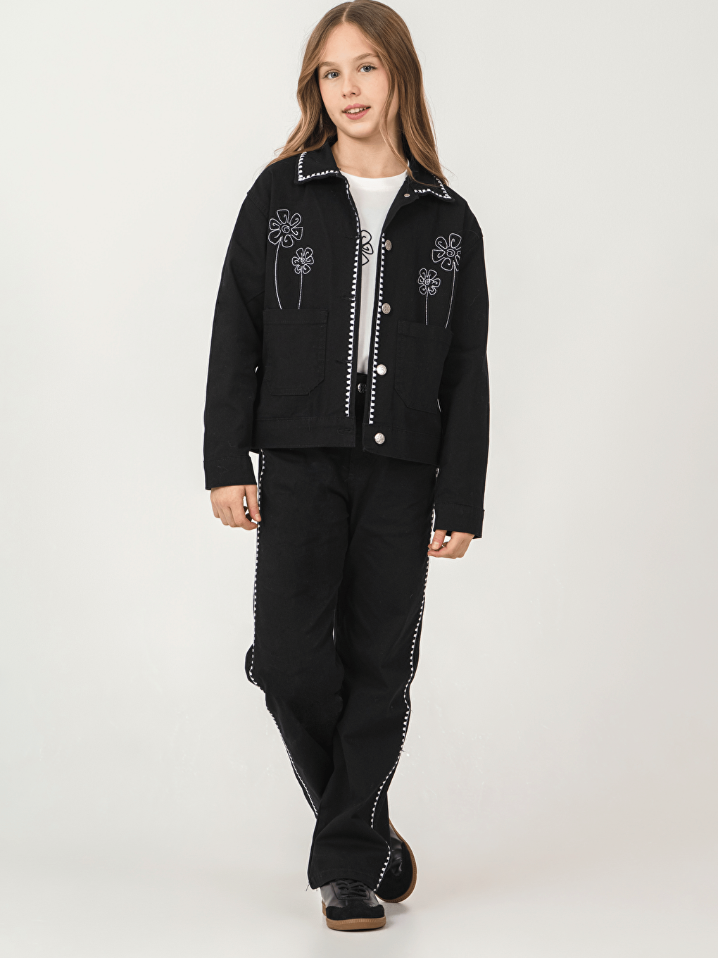 Siyah Pamuklu Ceket Pantolon Tişörtlü Kız Çocuk 3lü Jean Takım-6