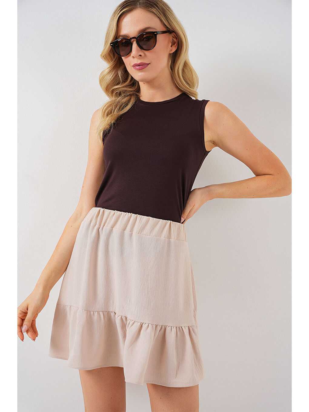 Ekru Kadın Ayrobin Mini Etek 8054 - Krem-3