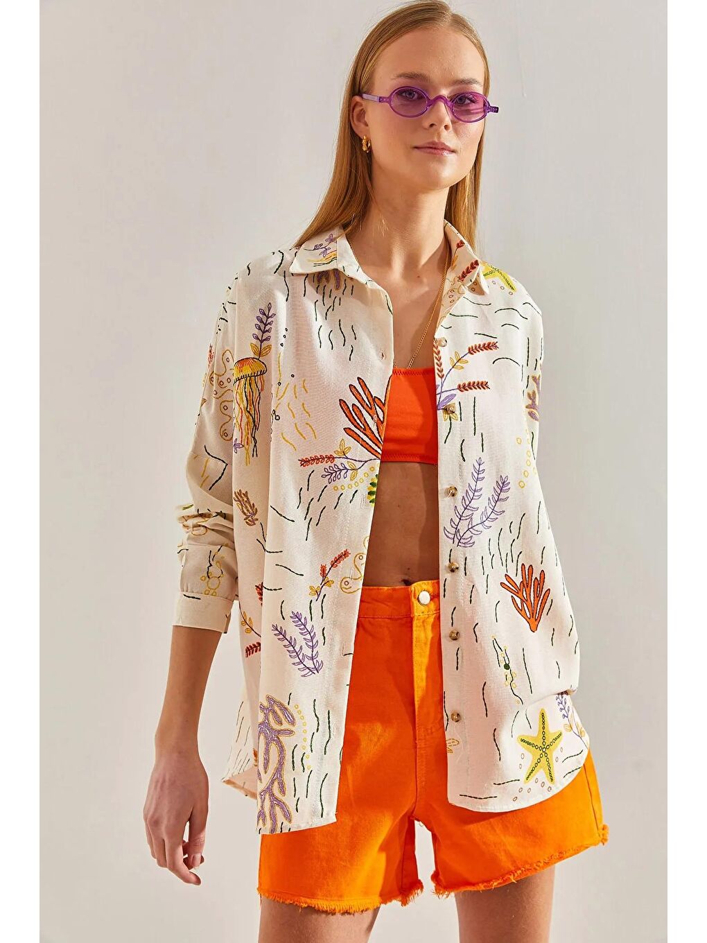 Bej Kadın Multi Desenli Salaş Keten Gömlek 60101023-3