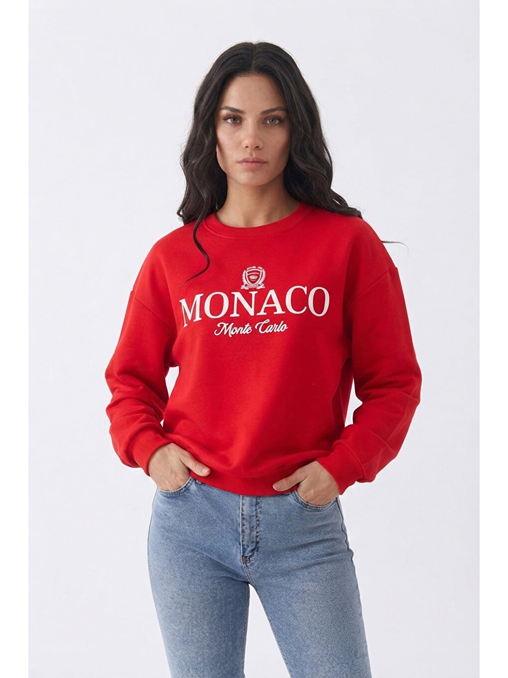 Kırmızı 3 İplik Monaco Baskılı Oversize Sweatshirt