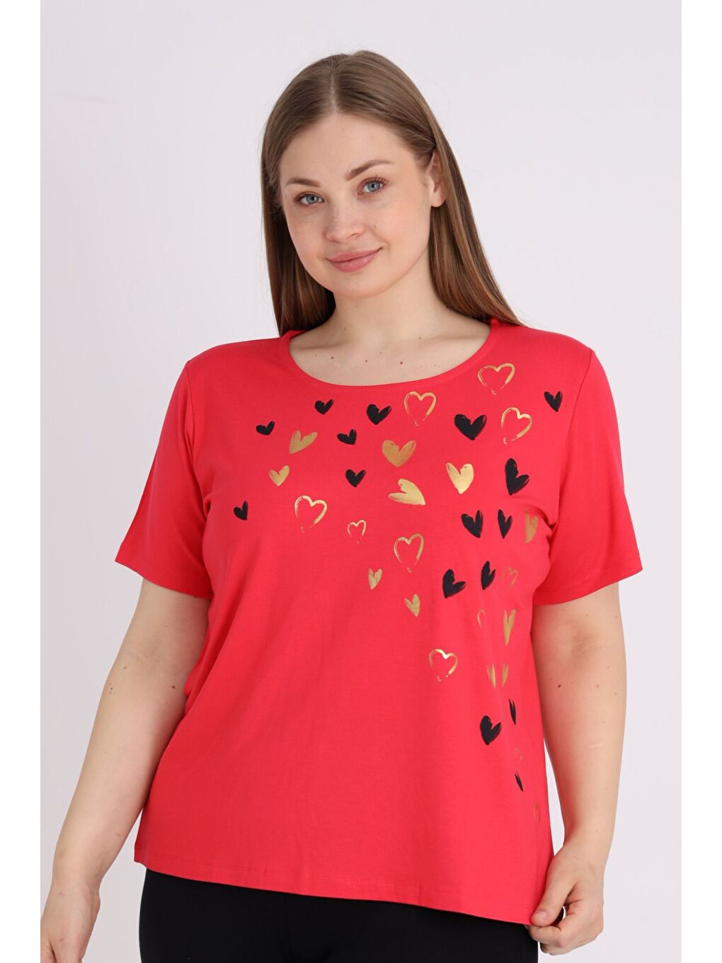 Kırmızı Kadın Büyük Beden Baskılı Kısa Kollu T-shirt-1