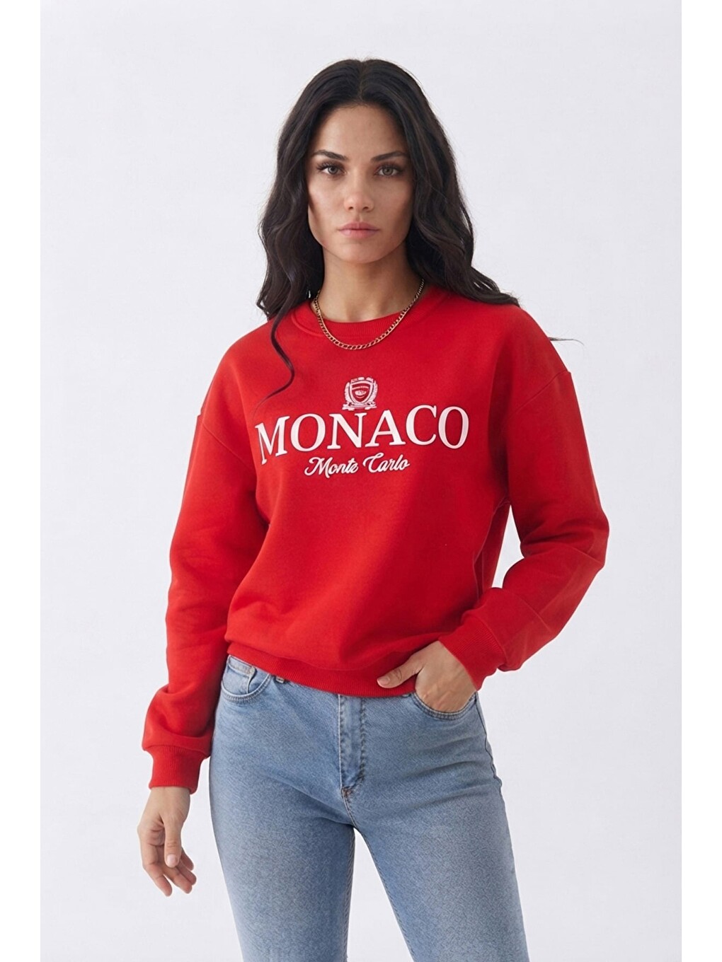Kırmızı 3 İplik Monaco Baskılı Oversize Sweatshirt-1