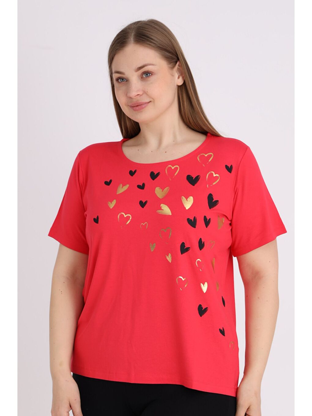 Kırmızı Kadın Büyük Beden Baskılı Kısa Kollu T-shirt-2