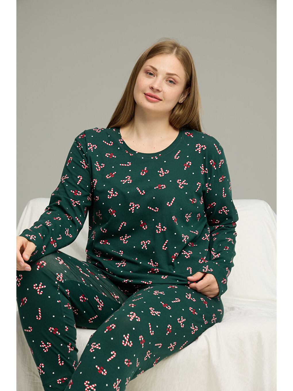 Yeşil Desenli Curve Büyük Beden Battal Boy Pamuklu Pijama Takım25240816