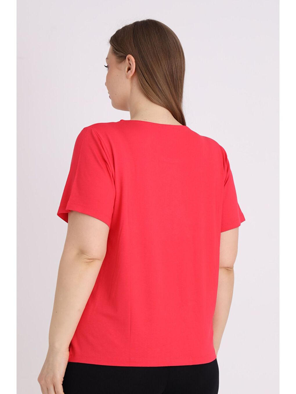 Kırmızı Kadın Büyük Beden Baskılı Kısa Kollu T-shirt-3