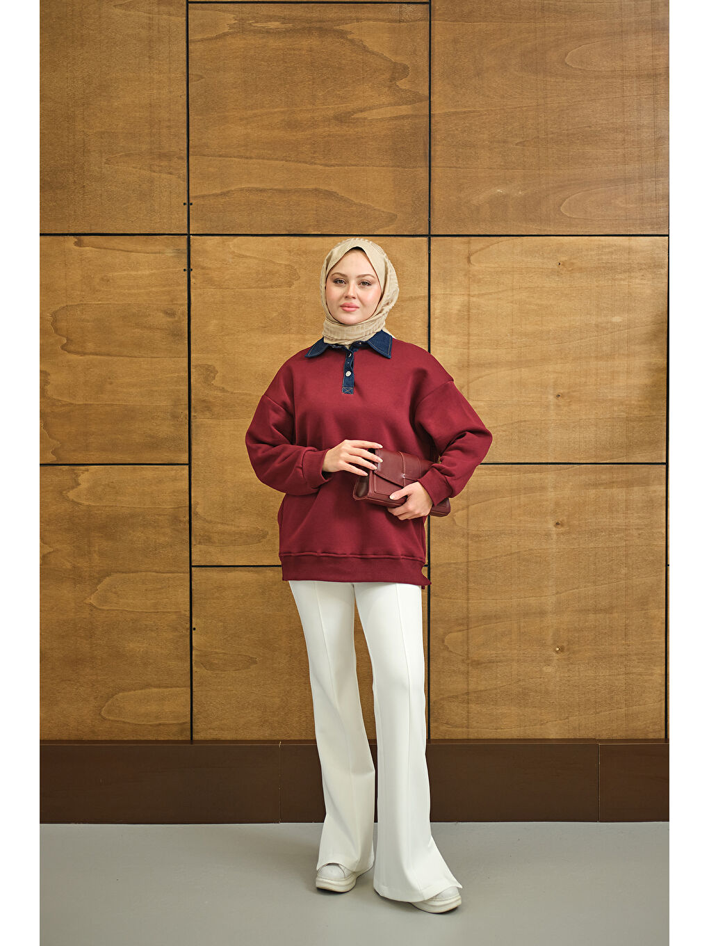 Kadın Yakası Jean Detay Sweat Bordo-1
