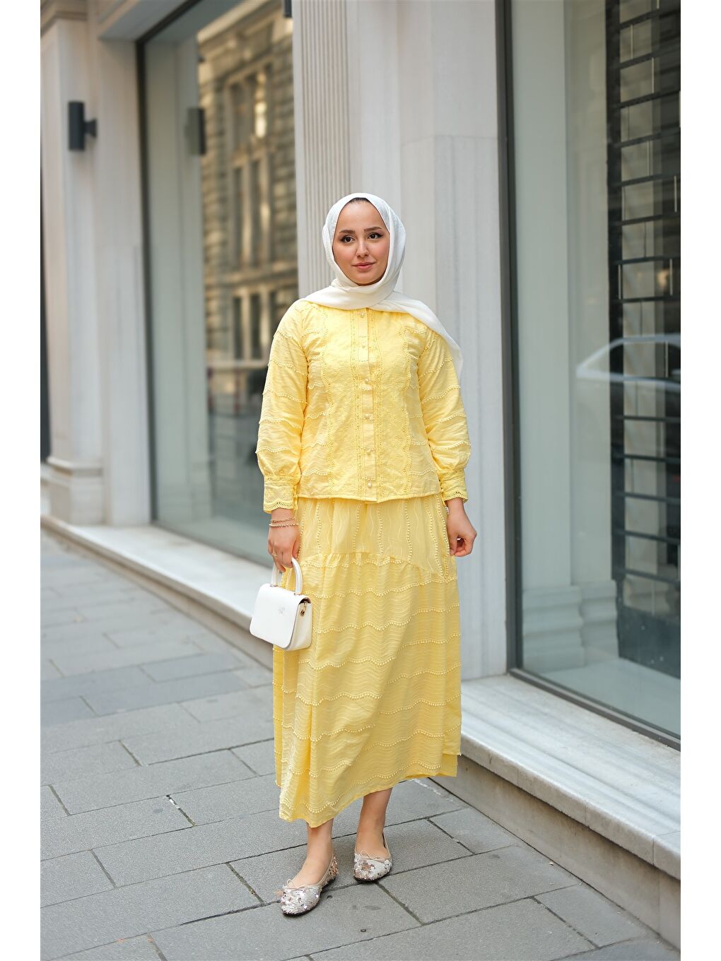 Kadın Güpür Detaylı Takım Sarı