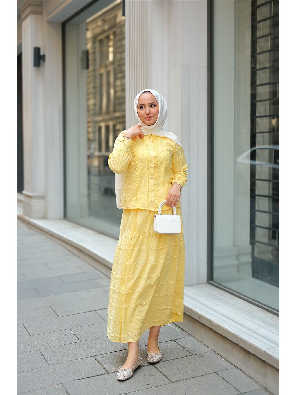 Kadın Güpür Detaylı Takım Sarı-1