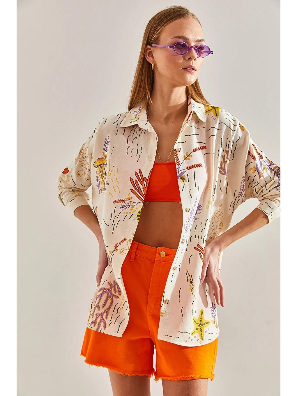 Bej Kadın Multi Desenli Salaş Keten Gömlek 60101023-4