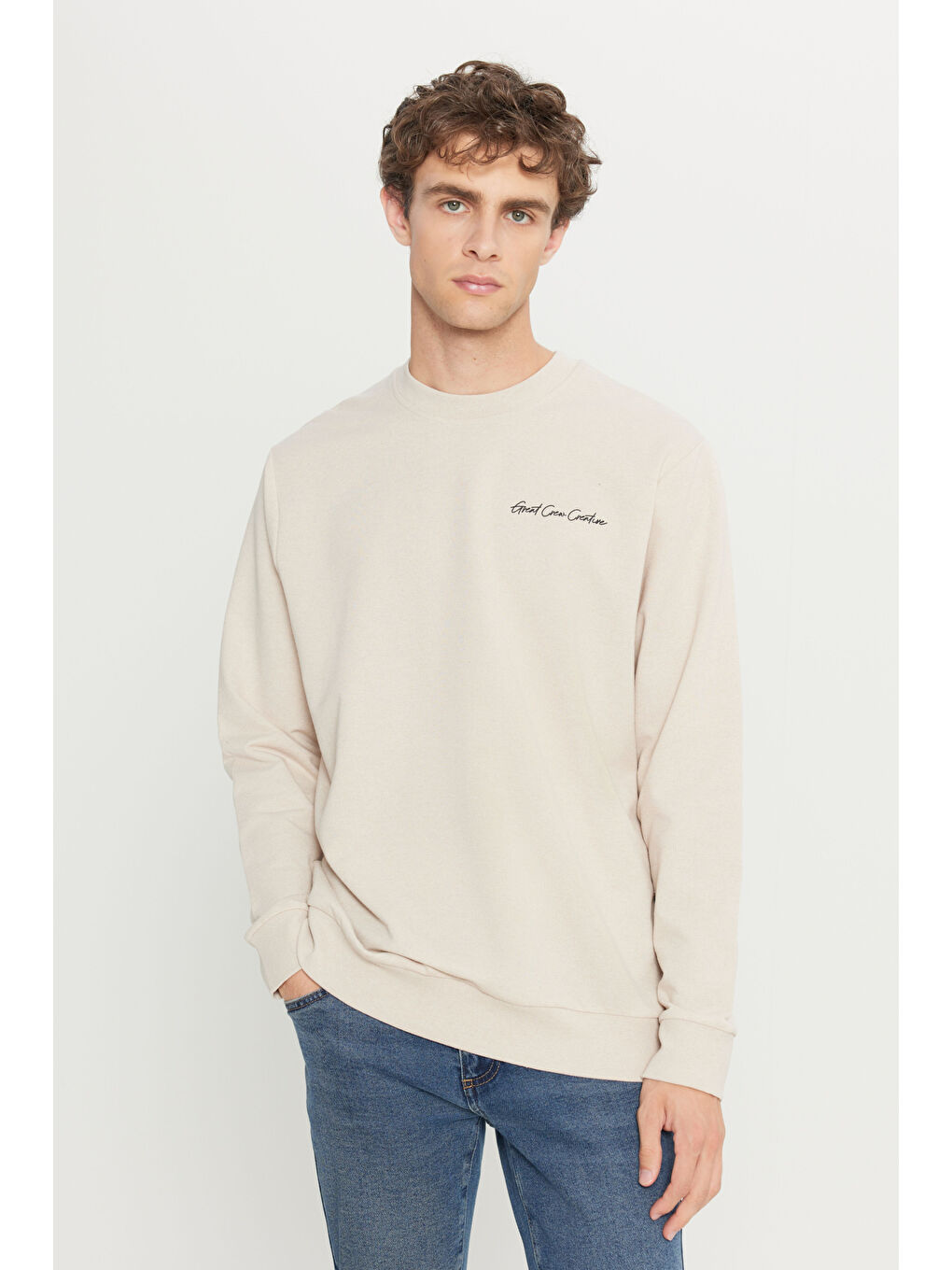 Erkek Bej 2 İplik Pamuklu Standart Fit Normal Kesim Rahat Bisiklet Yaka Sweatshirt-3