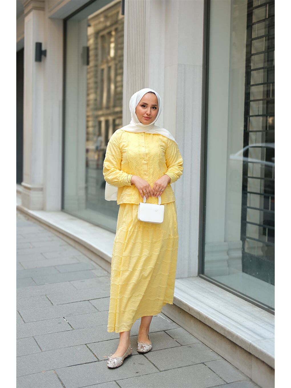 Kadın Güpür Detaylı Takım Sarı-2