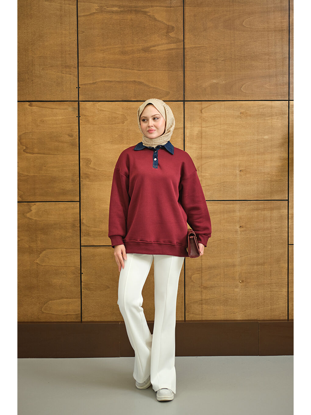 Kadın Yakası Jean Detay Sweat Bordo-2