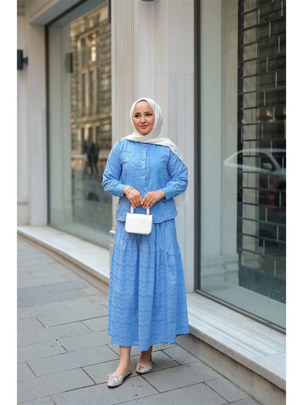 Kadın Güpür Detaylı Takım Mavi-1