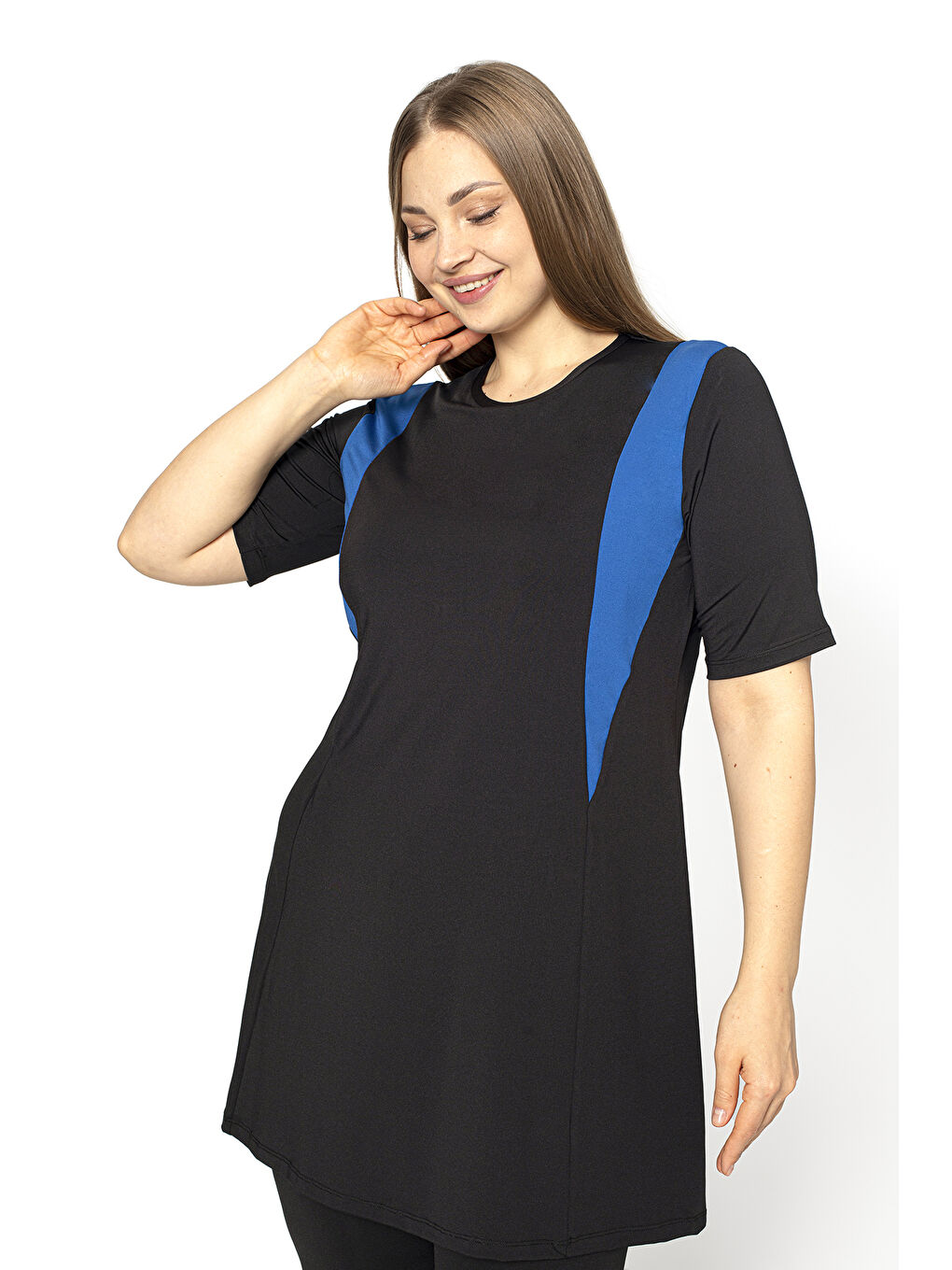 Siyah Kısa Kol Garnili Büyük Beden Yarı Kapalı Mayo 4310-2