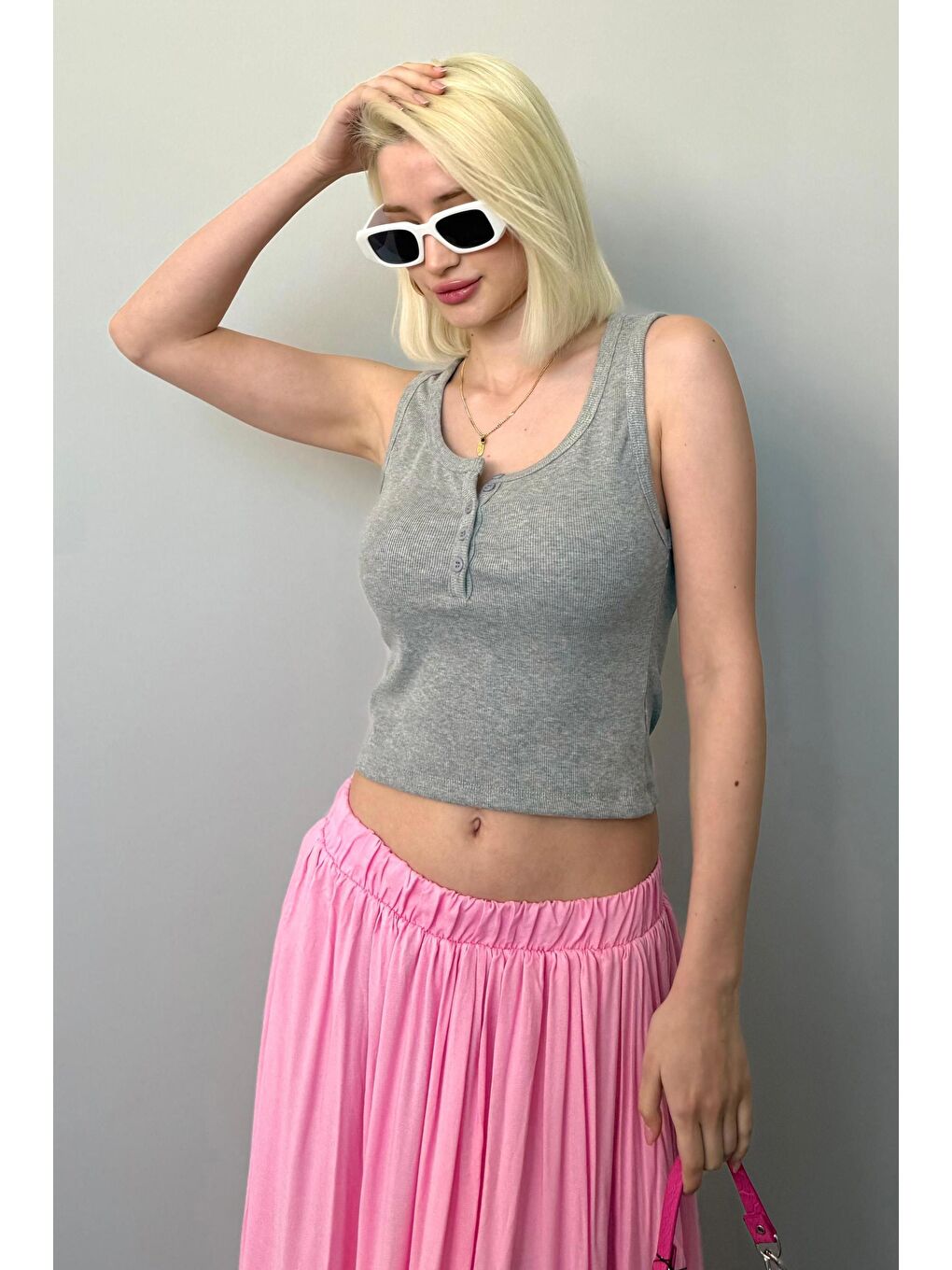 Gri Önü Düğmeli Fitilli Atlet Mg2453