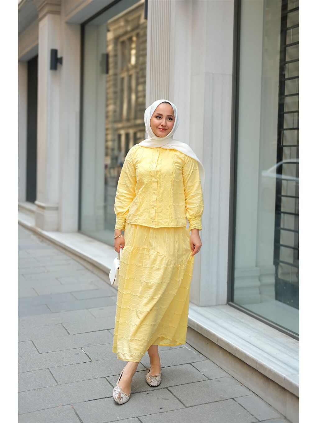 Kadın Güpür Detaylı Takım Sarı-3