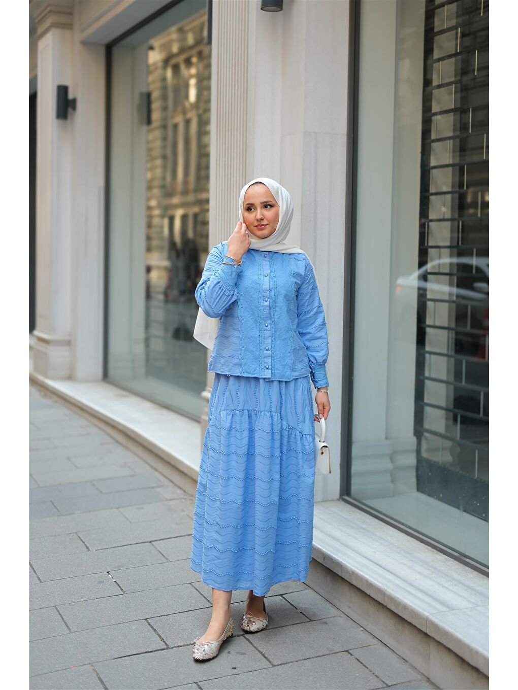 Kadın Güpür Detaylı Takım Mavi-2