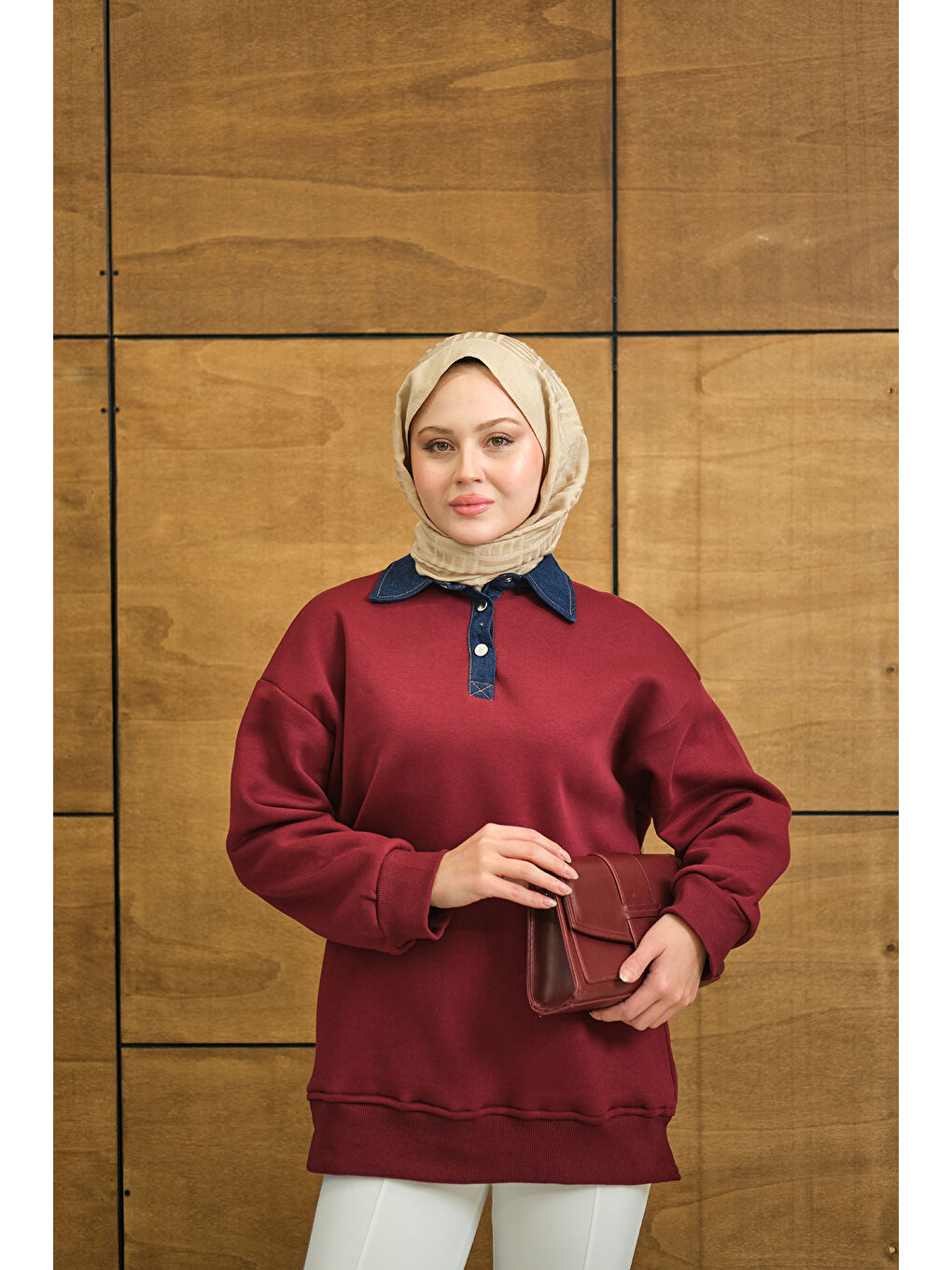 Kadın Yakası Jean Detay Sweat Bordo-3