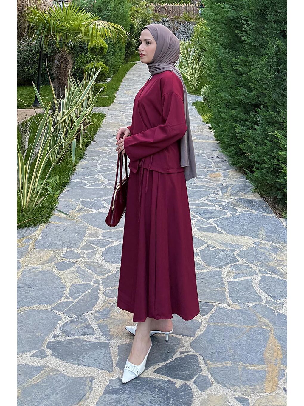 Bağlama Detaylı Etekli Takım Bordo-1