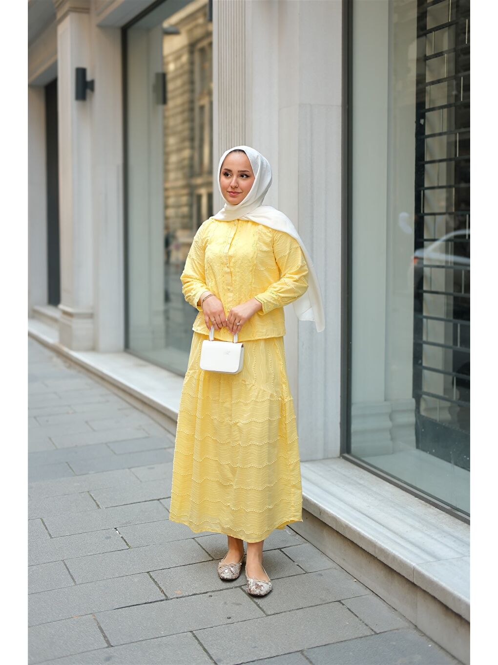 Kadın Güpür Detaylı Takım Sarı-4