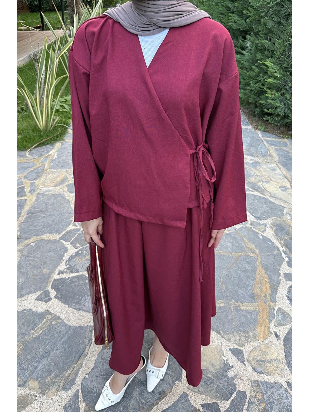 Bağlama Detaylı Etekli Takım Bordo-2