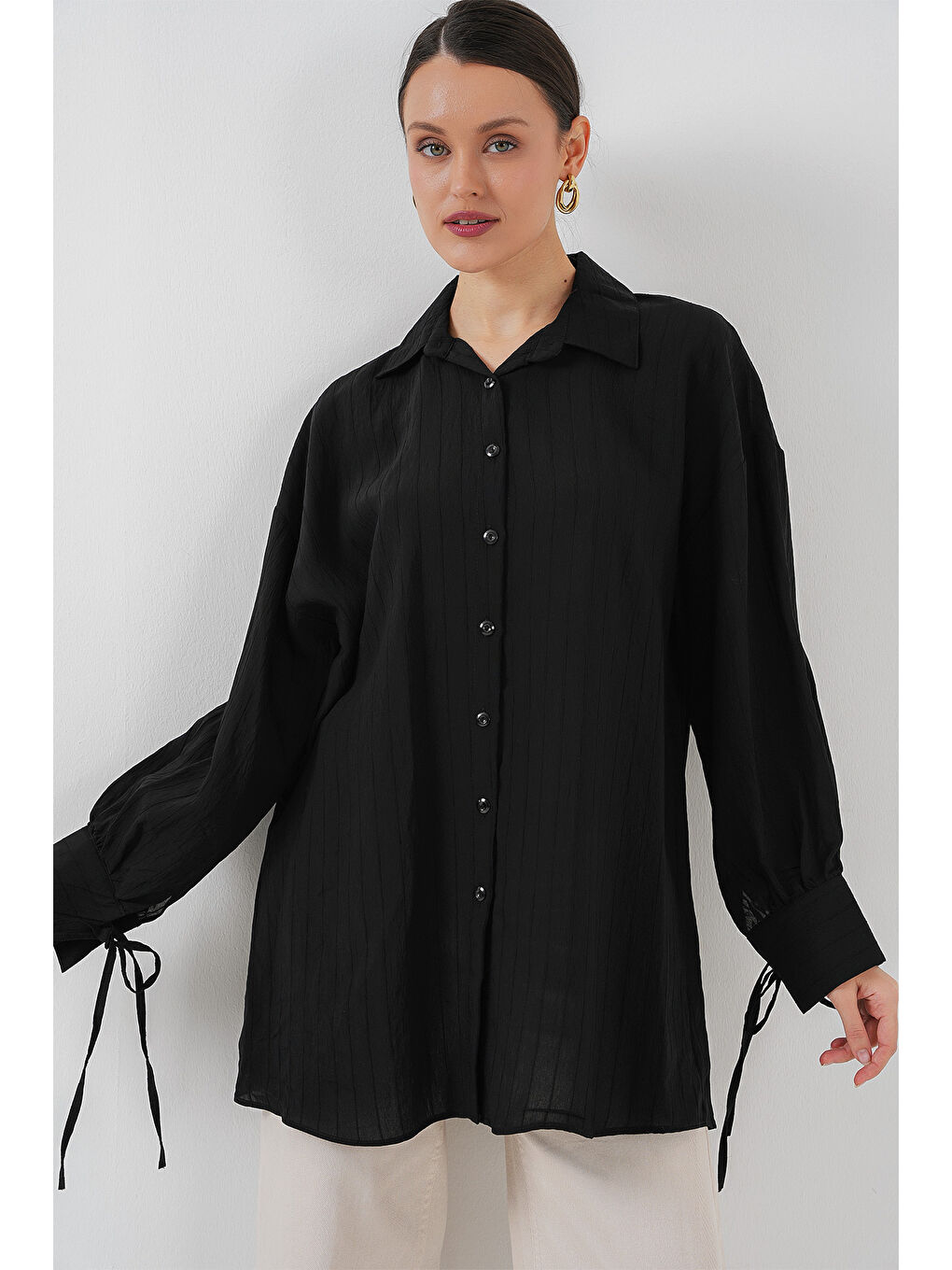 Kadın Oversize Bağcıklı Gömlek 5954 - Siyah