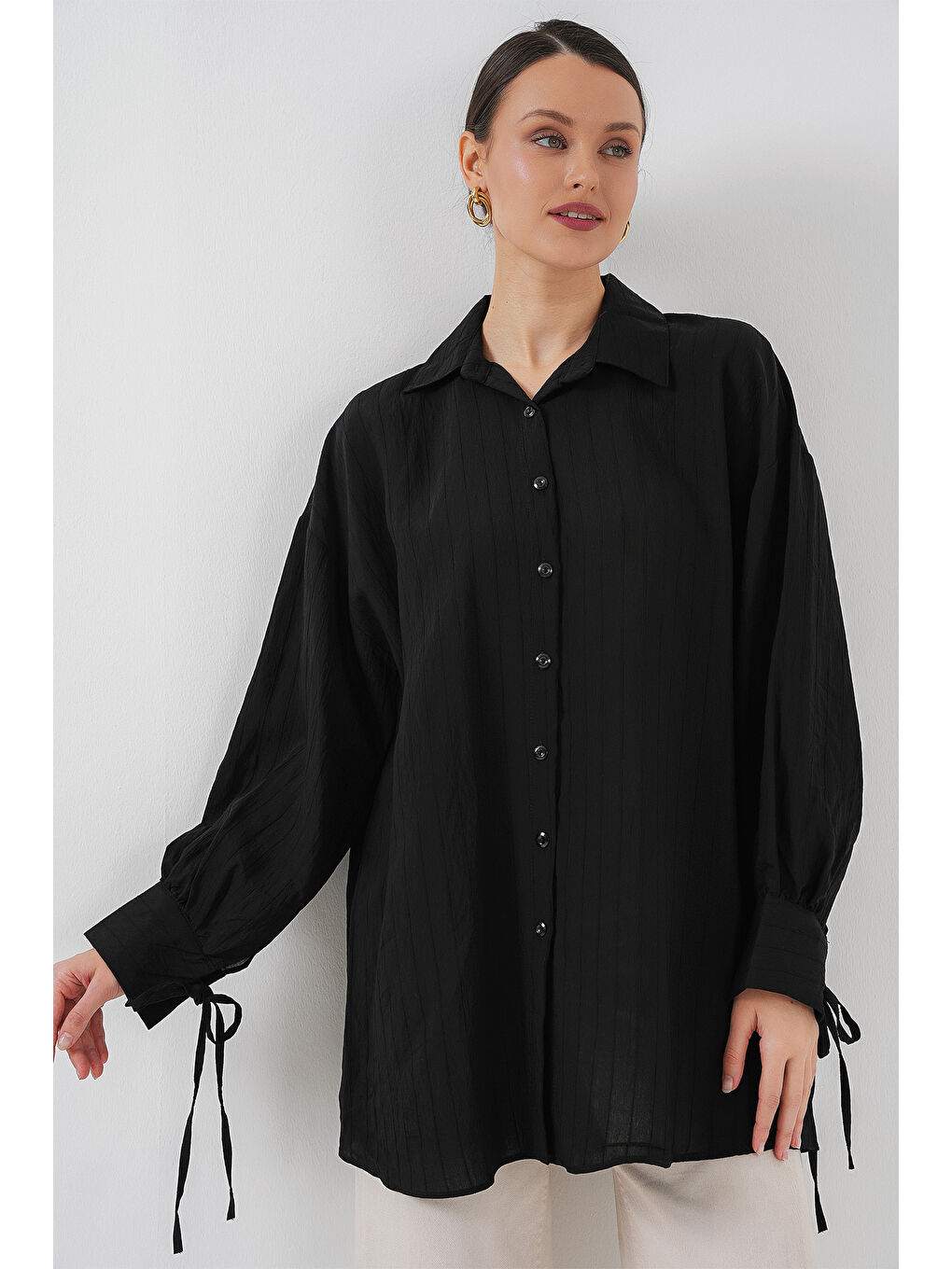 Kadın Oversize Bağcıklı Gömlek 5954 - Siyah-1