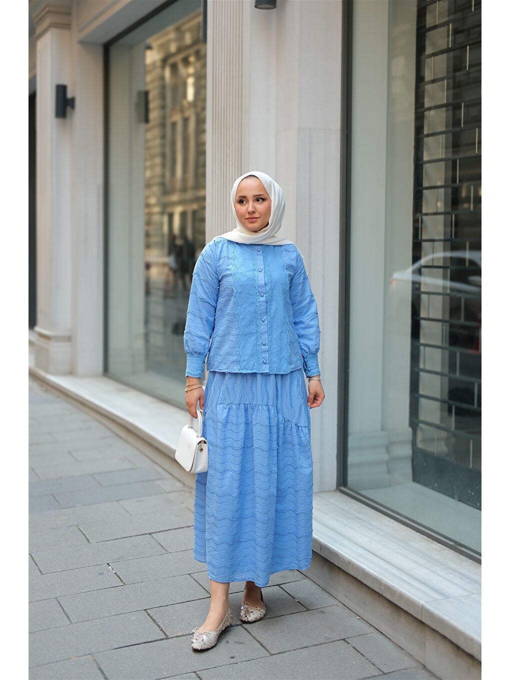Kadın Güpür Detaylı Takım Mavi-3