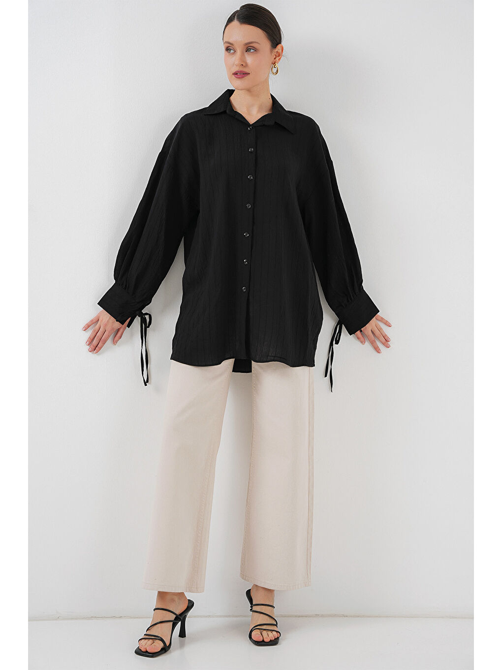 Kadın Oversize Bağcıklı Gömlek 5954 - Siyah-2
