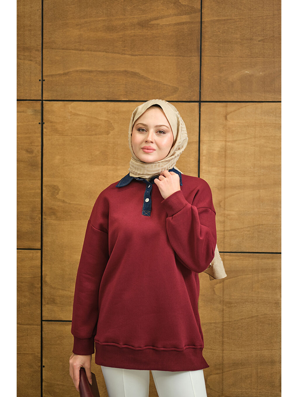 Kadın Yakası Jean Detay Sweat Bordo-4