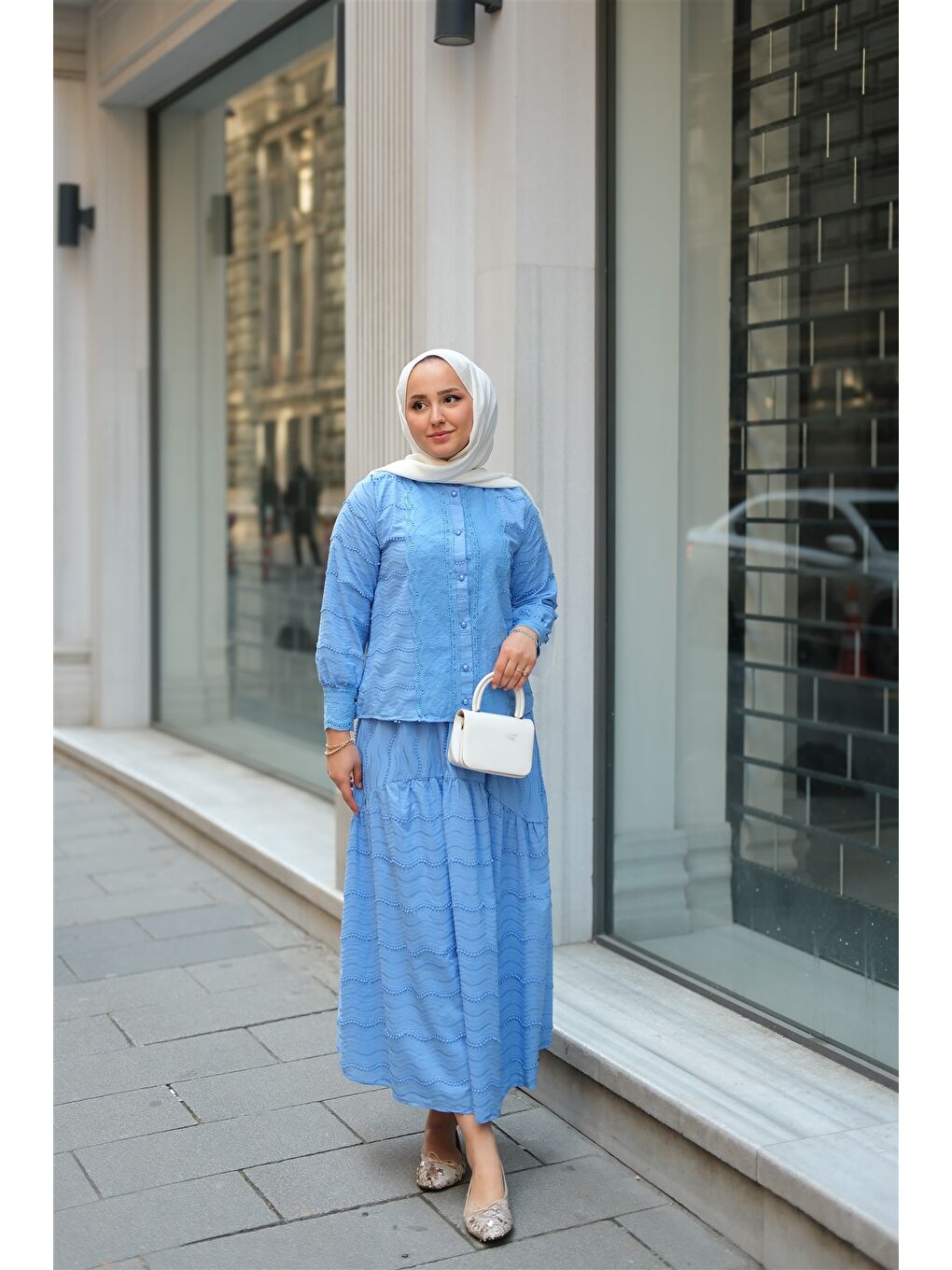 Kadın Güpür Detaylı Takım Mavi-4