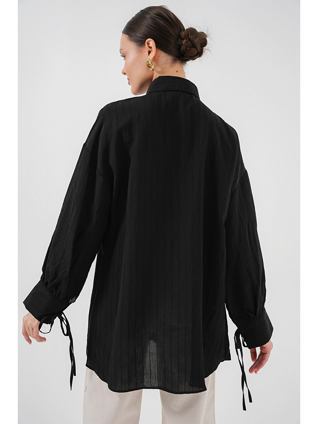 Kadın Oversize Bağcıklı Gömlek 5954 - Siyah-5