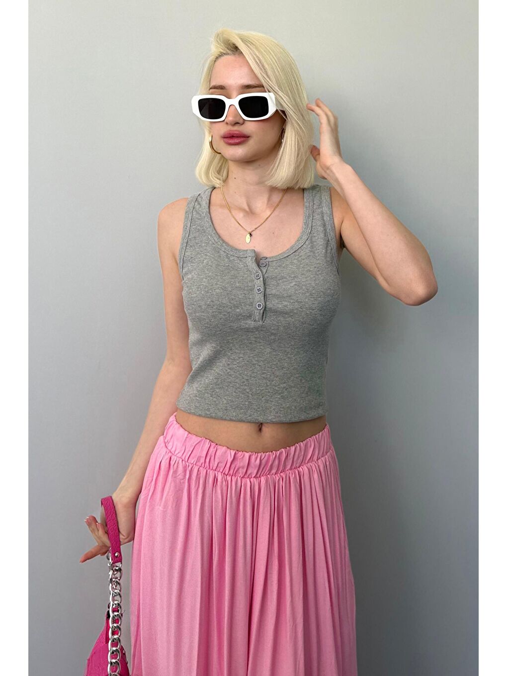 Gri Önü Düğmeli Fitilli Atlet Mg2453-1