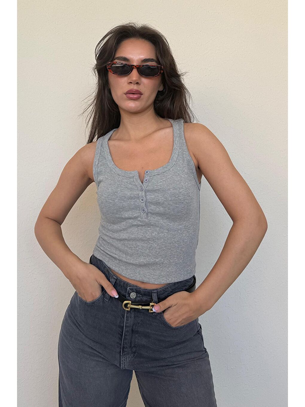 Gri Önü Düğmeli Fitilli Atlet Mg2453-2