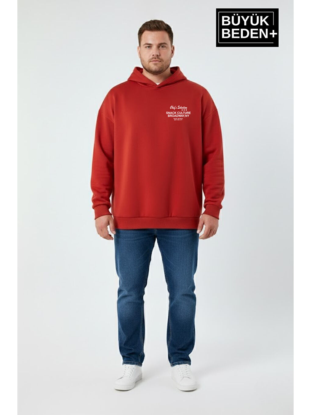 Kırmızı Erkek Büyük Beden Chef Baskılı Kapüşonlu Rahat Kalıp Sweatshirt SPR26BSW966