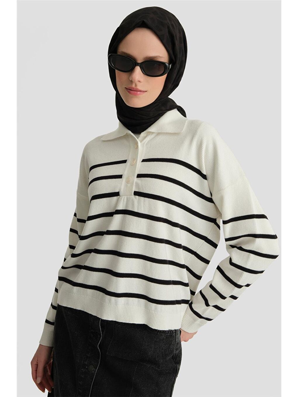 Çizgili Triko Kazak 24Kd4208 Ekru-2