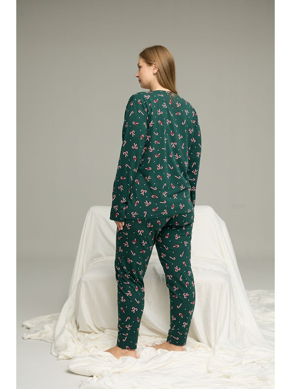 Yeşil Desenli Curve Büyük Beden Battal Boy Pamuklu Pijama Takım25240816-2