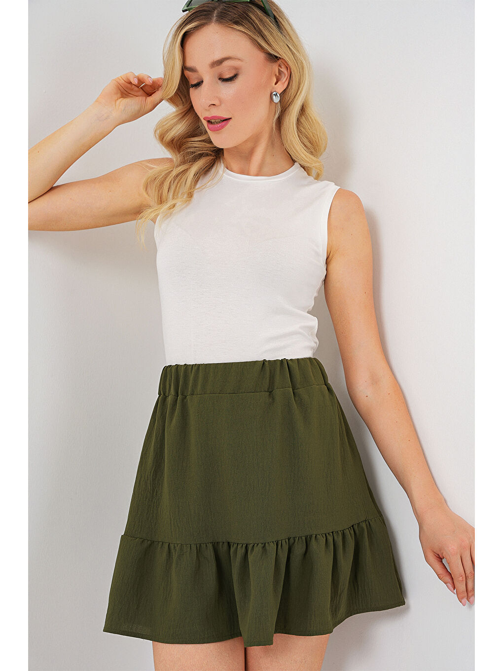 Kadın Ayrobin Mini Etek 8054 - Haki-3