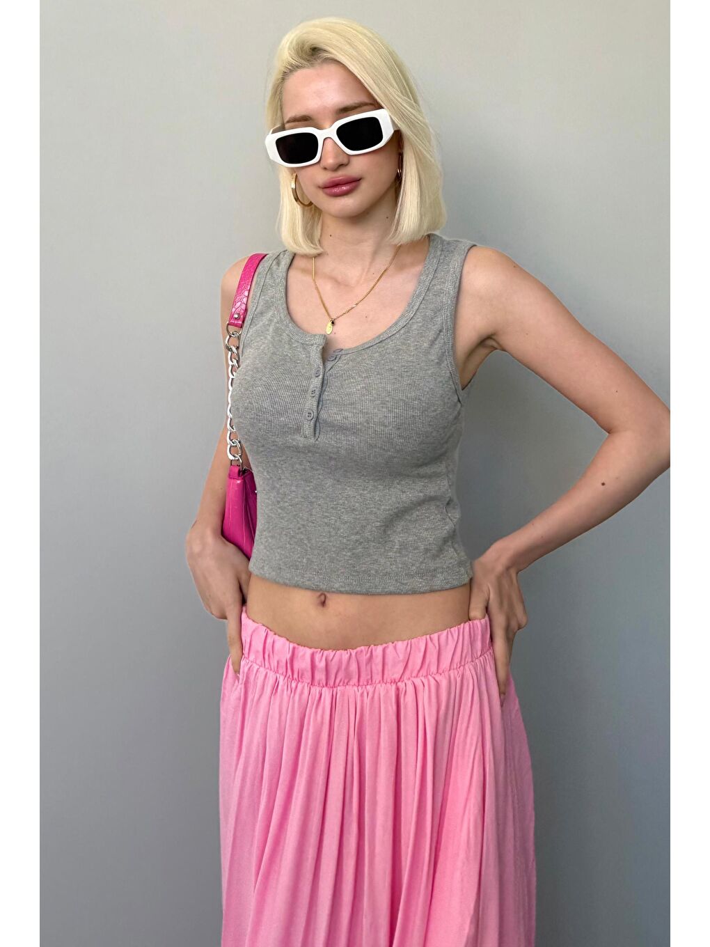 Gri Önü Düğmeli Fitilli Atlet Mg2453-3