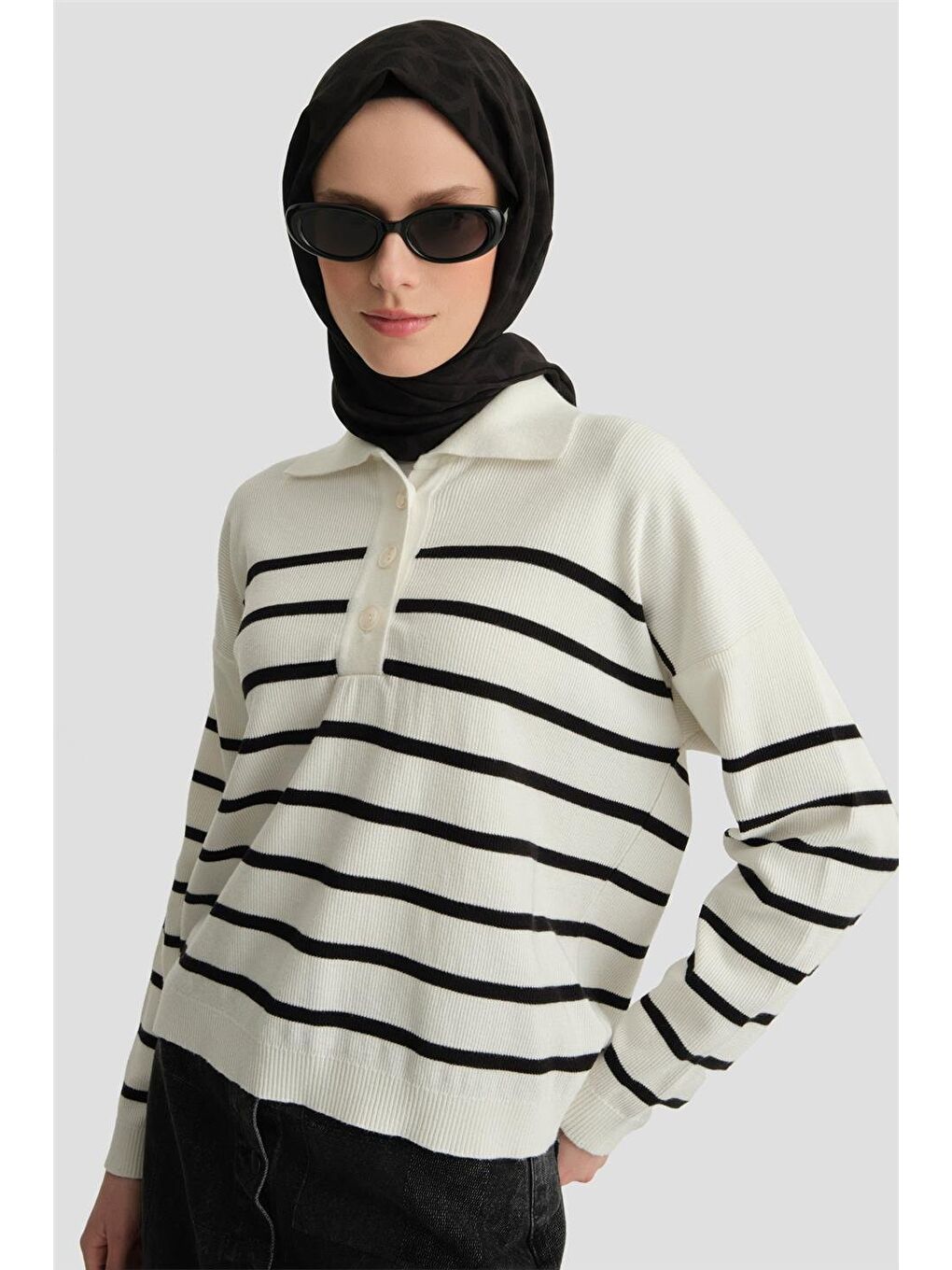 Çizgili Triko Kazak 24Kd4208 Ekru-3