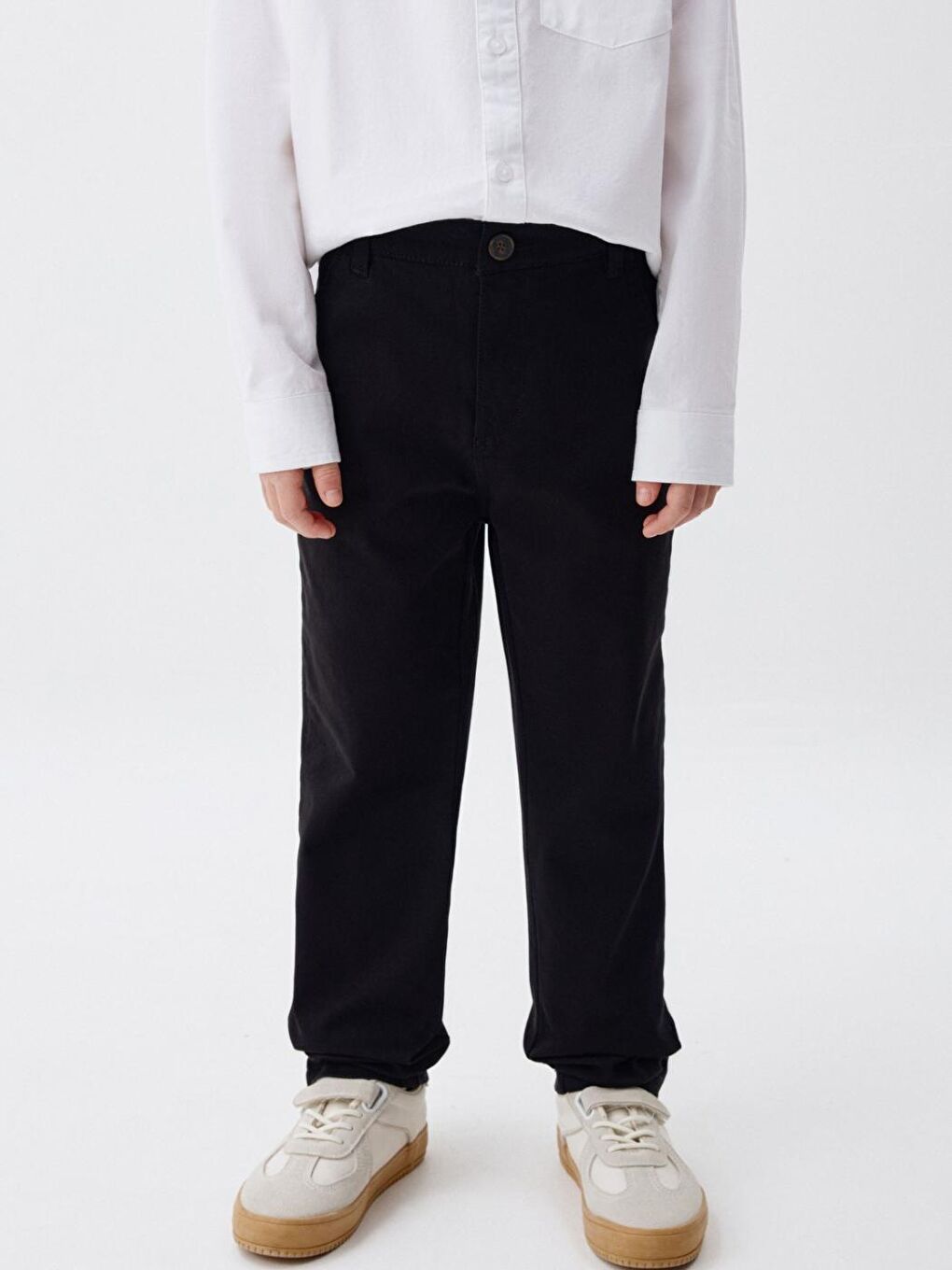 Siyah Erkek Çocuk 100% Pamuk Düz Dokuma Chino Pantolon-2