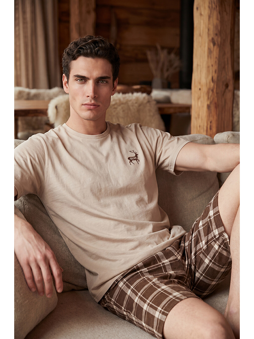 Bej Kareli Pamuklu Regular Fit Şortlu Pijama Takımı 6572022