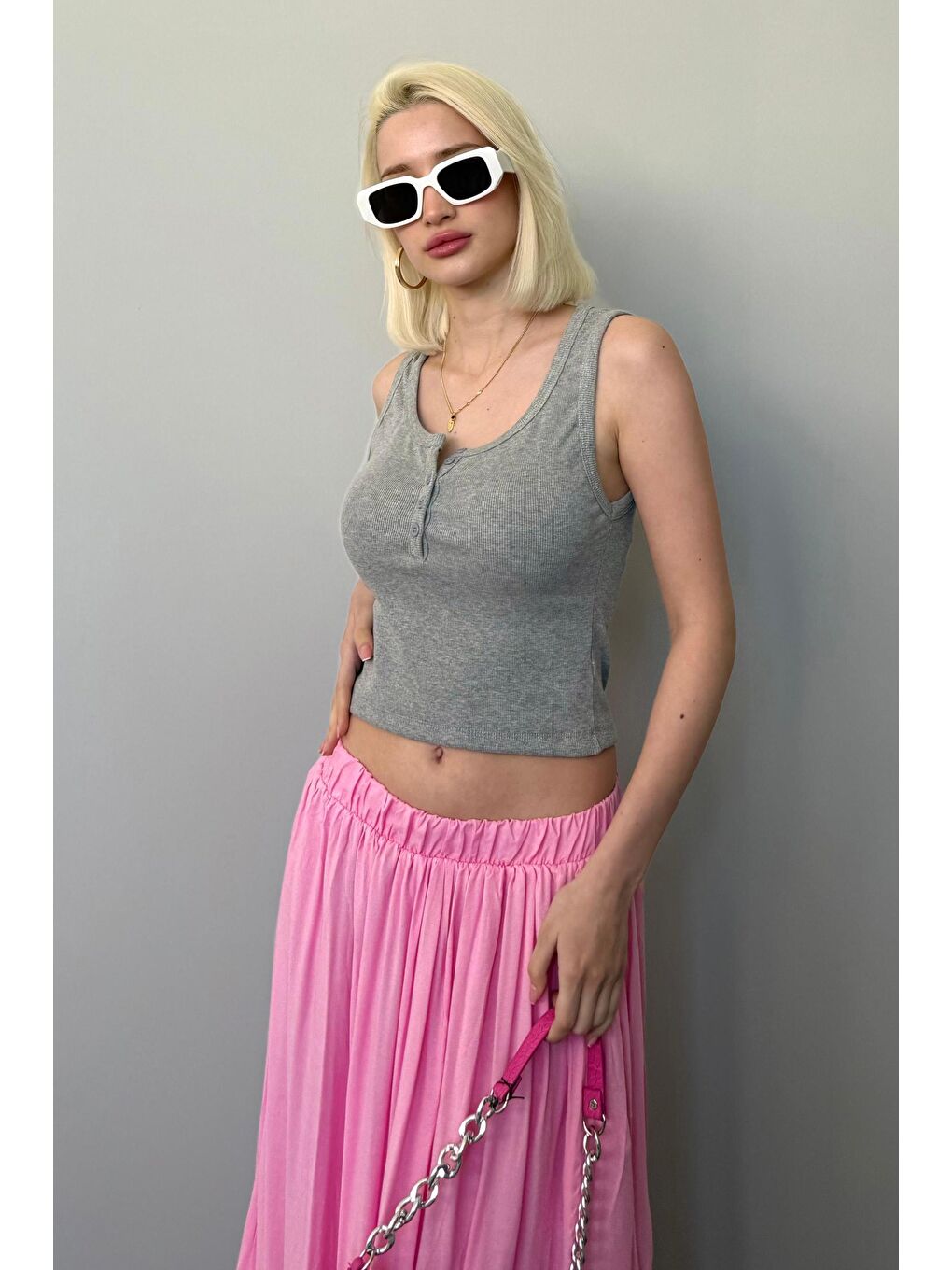 Gri Önü Düğmeli Fitilli Atlet Mg2453-4