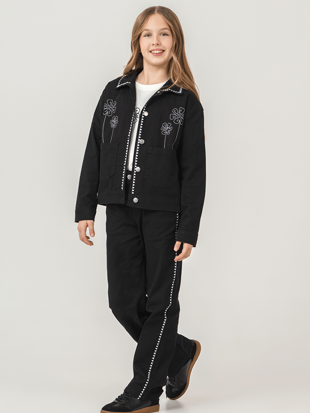 Siyah Pamuklu Ceket Pantolon Tişörtlü Kız Çocuk 3lü Jean Takım-8