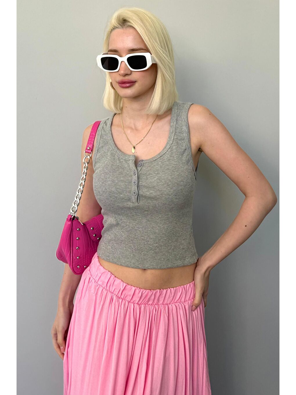 Gri Önü Düğmeli Fitilli Atlet Mg2453-5